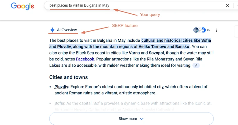 Google AI Overview showing travel query “best places to visit in Bulgaria in May” with summarized travel recommendations.