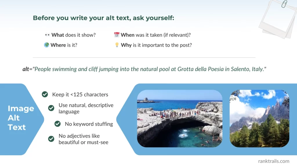 Infographic showing how to write SEO-friendly image alt text with examples and checklist for travel bloggers.