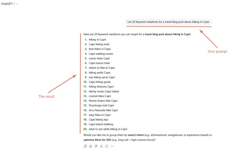ChatGPT interface showing a travel-related keyword research prompt about hiking in Capri and a list of 20 keyword variations.
