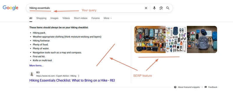 Google summary panel showing checklist for travel query “hiking essentials” with bulleted items like backpack and first aid kit.
