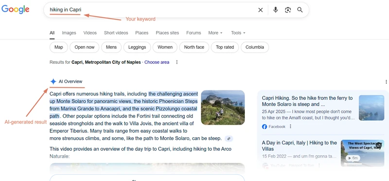 Example of Google AI Overview result for “hiking in Capri,” highlighting how AI summaries influence keyword research in travel blogging.