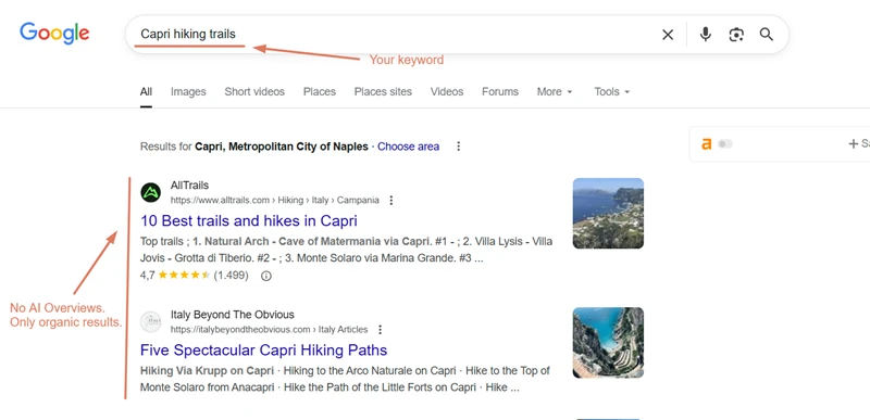 Google search results for “Capri hiking trails” showing only organic listings without AI Overviews, illustrating keyword competition analysis.