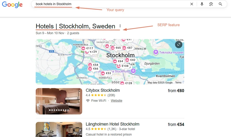 Google Hotels map view for query “book hotels in Stockholm” displaying hotel prices and listings.