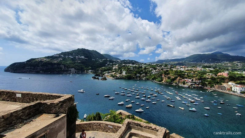 Coastal view in Ischia, Italy, as seen from the Aragonese Castle by a travel blogger and photographer.