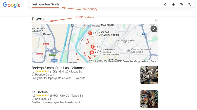 Google Maps results for query “best tapas bars Seville” showing local restaurants with ratings and locations.