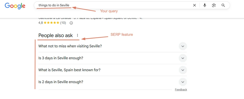 Google People Also Ask box for “things to do in Seville,” showing common traveler questions and illustrating informational search intent for travel queries.