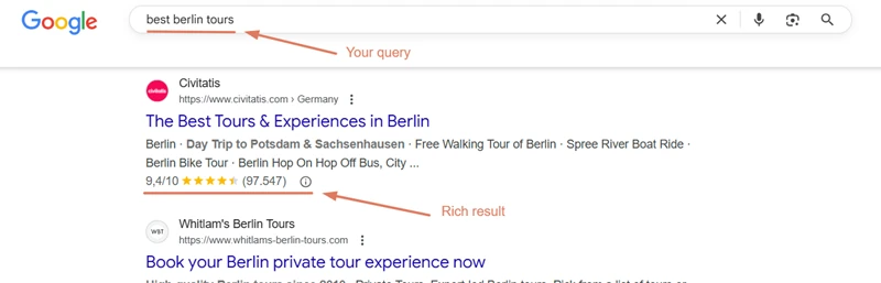 Rich result with star ratings for query “best Berlin tours” showing top tour listings with reviews and scores.