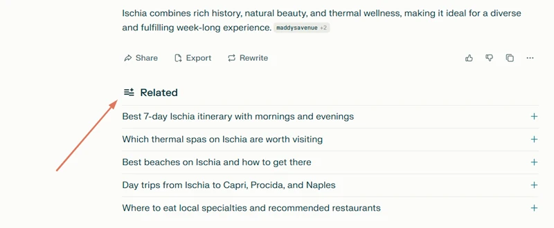 Example of Perplexity AI Related questions feature used for travel blog SEO research