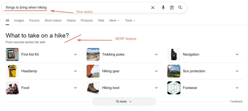 Google “From sources across the web” panel for query “things to bring when hiking” showing item categories and icons.
