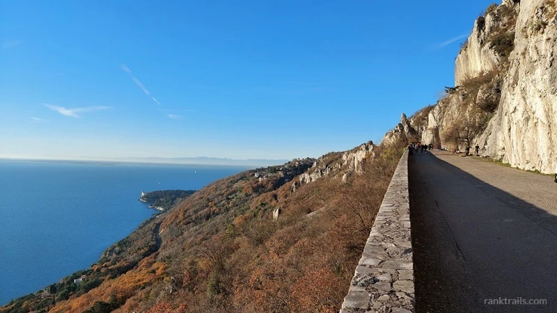 Panoramic view from the Strada Napoleonica trail above Trieste showing the coastline and limestone cliffs.