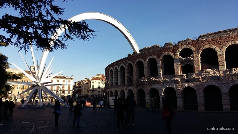 Verona Arena with a large Christmas star decoration in Piazza Bra during the 2016 holiday season.