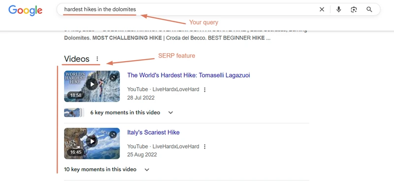 Google video pack for “hardest hikes in the Dolomites” with YouTube thumbnails and key moments, illustrating informational and commercial search intent for travel queries.