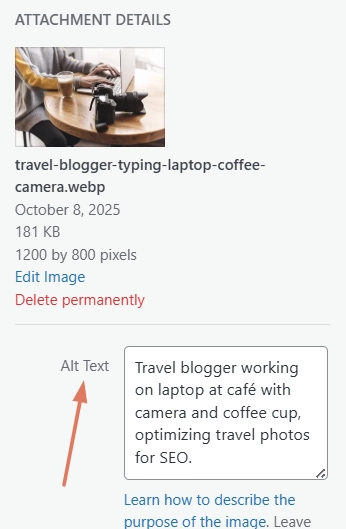 Screenshot of WordPress media settings showing an example of adding alt text for an travel image.
