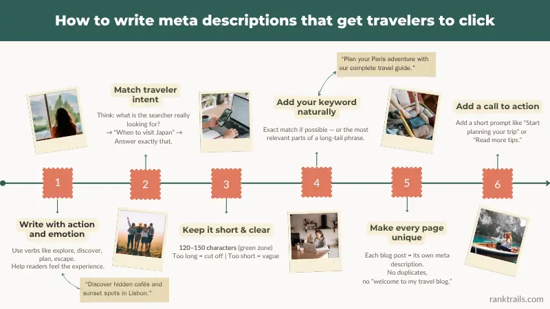 Infographic showing how to write meta descriptions for travel blogs with six steps: action-driven writing, traveler intent, keyword use, concise length, unique pages, and optimization tips.