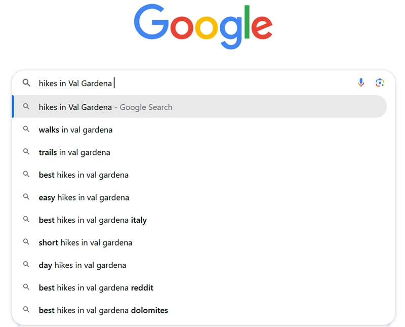 Google autocomplete results for “hikes in Val Gardena,” displaying long-tail keyword ideas for travel blogs such as “easy hikes,” “short hikes,” and “day hikes in the Dolomites."