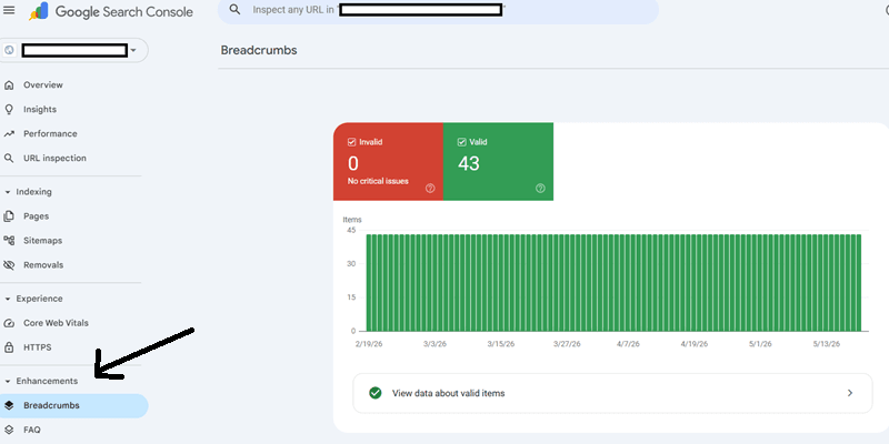 Google Search Console Enhancements report displaying valid breadcrumb schema markup detected on a website