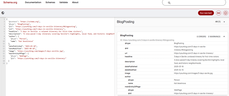 Schema.org Validator displaying a validated BlogPosting schema markup example for a travel blog post