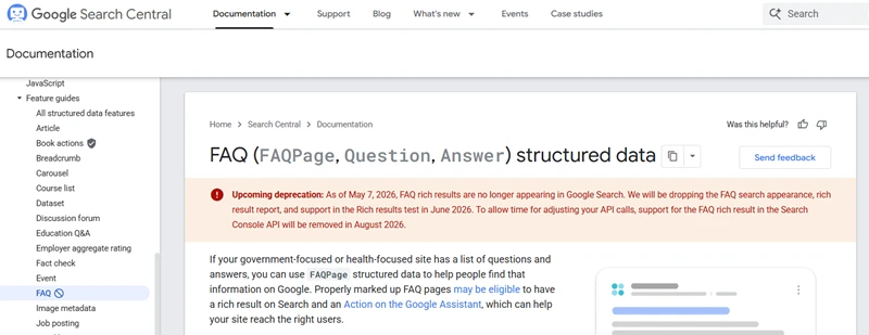 Screenshot of Google Search Central documentation announcing that FAQ rich results no longer appear in Google Search.