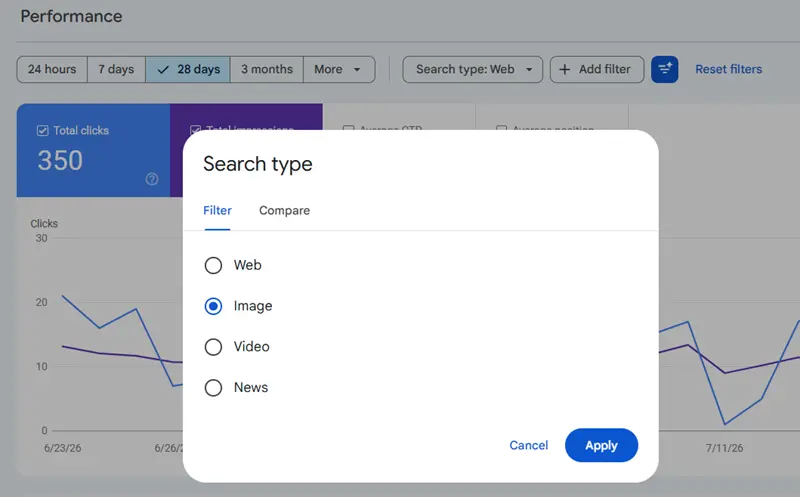 Google Search Console Search type filter with Image selected